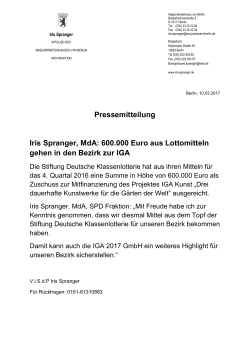 Pressemitteilung Iris Spranger, MdA: 600.000 Euro aus Lottomitteln